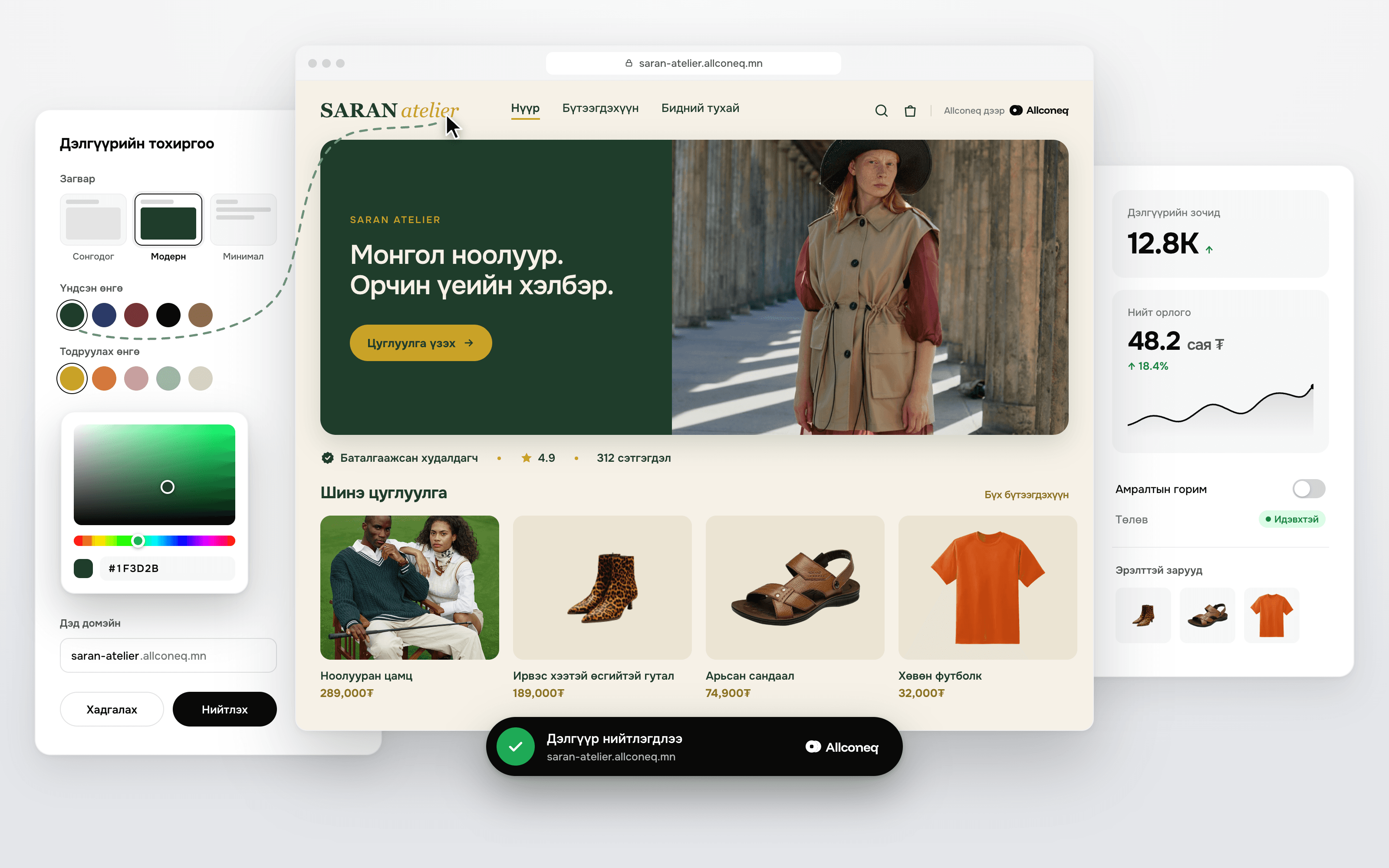 A seller's branded Allconeq store at saran-atelier.allconeq.mn, beside its settings panel and visitor and revenue stats
